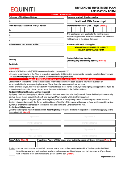 Equiniti Dividend Re-Investment Plan Application Form - National Milk Records Printable pdf
