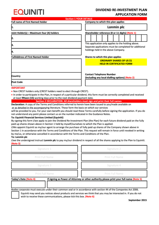 Equiniti Dividend Re-Investment Plan Application Form - Lonmin Printable pdf