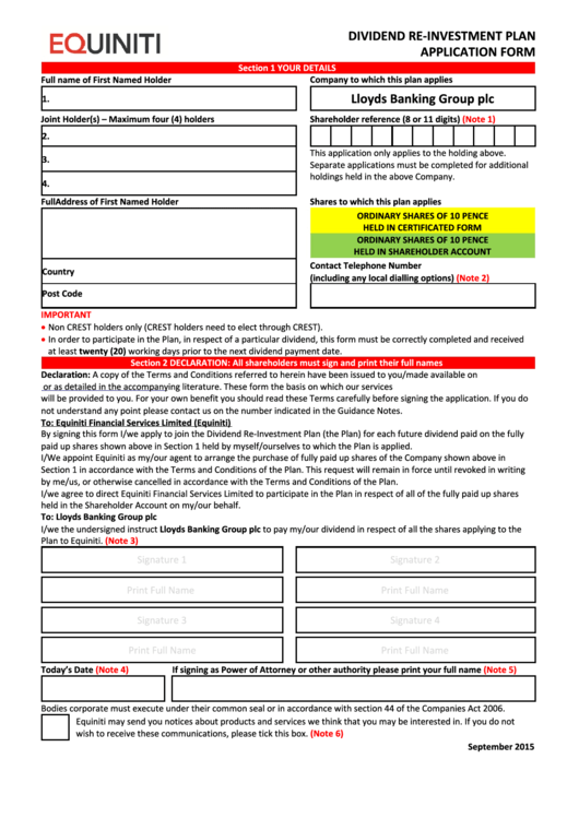 Equiniti Dividend Re-Investment Plan Application Form - Lloyds Banking Group Printable pdf