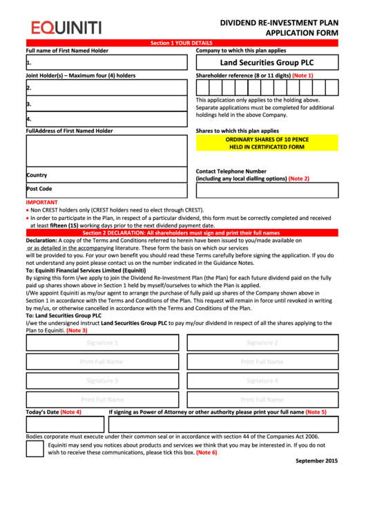 Equiniti Dividend Re-Investment Plan Application Form - Land Securities Group Printable pdf