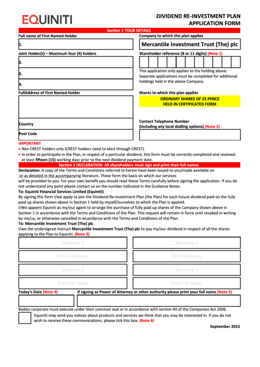 Equiniti Dividend Re-Investment Plan Application Form - Mercantile Investment Trust Printable pdf