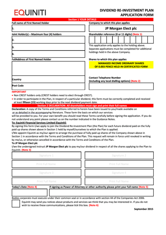 Equiniti Dividend Re-Investment Plan Application Form - Jp Morgan Elect ...