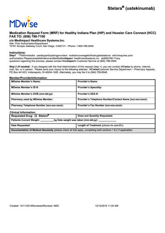 Fillable Mdwise Medication Request Form (Mrf) For Healthy Indiana Plan (Hip) And Hoosier Care Connect (Hcc) Printable pdf