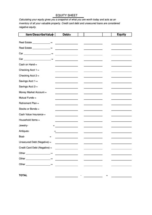 Equity Sheet Template Printable pdf