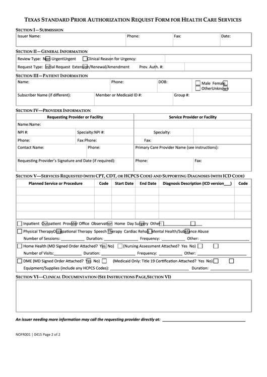 Fillable Texas Standard Prior Authorization Request Form For Health Care Services Printable pdf