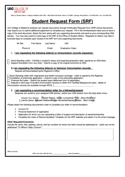Fillable Student Request Form (Srf) - University Of Illinois College Printable pdf