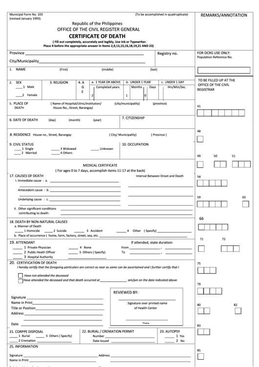 Certificate Of Death Printable pdf
