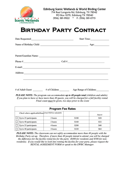 Birthday Party Contract Printable pdf