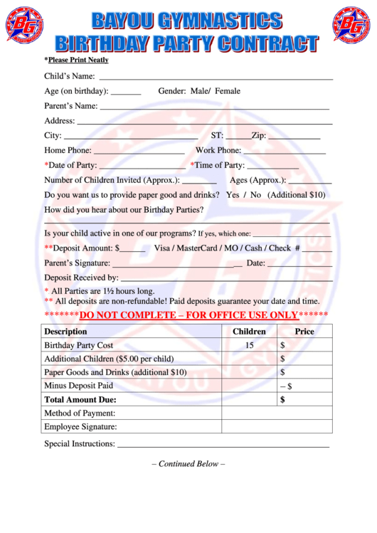 Gymnastics Birthday Party Contract Printable pdf