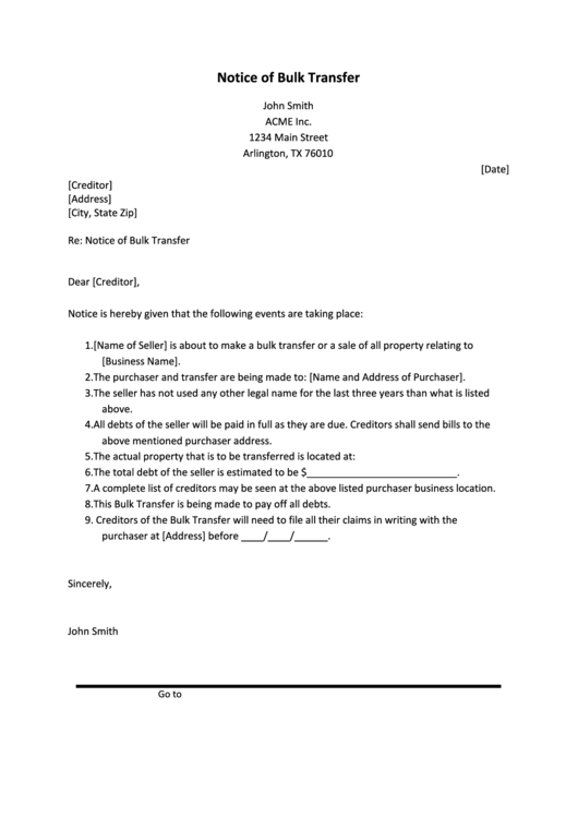 Notice Of Bulk Transfer Printable pdf