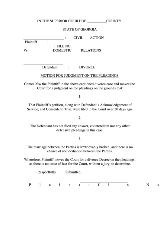 Fillable Motion For Judgment On The Pleadings Printable pdf