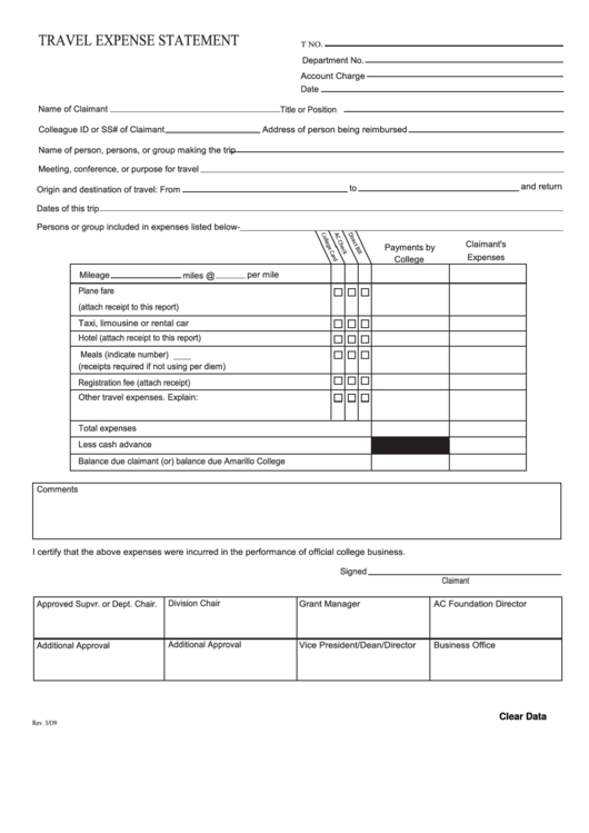 Travel Expense Statement Printable pdf