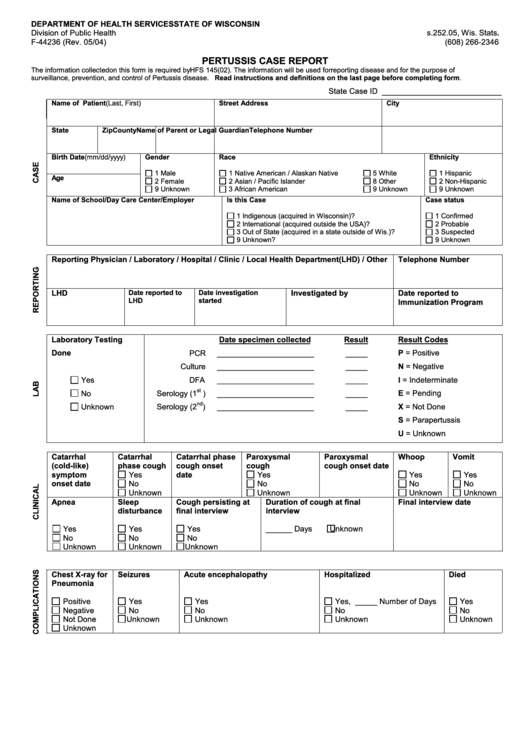 Form F-44236 - Pertussis Case Report - 2004 Printable pdf