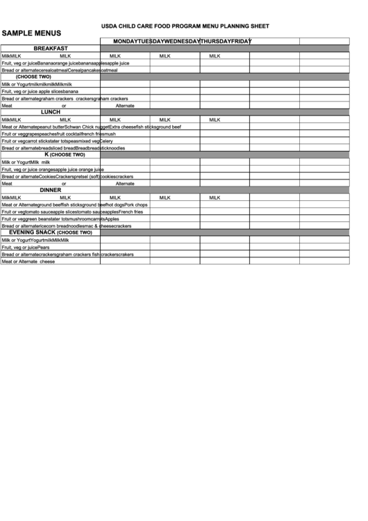 Usda Child Care Food Program Menu Planning Sheet - Sample Menus Printable pdf