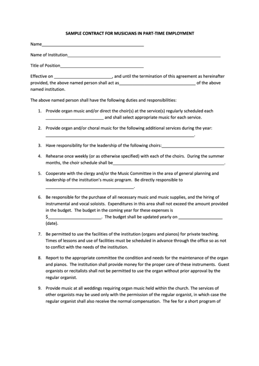 Sample Contract For Musicians In Part-Time Employment Printable pdf