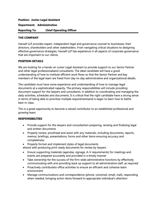 Junior Legal Assistant Job Description Printable pdf