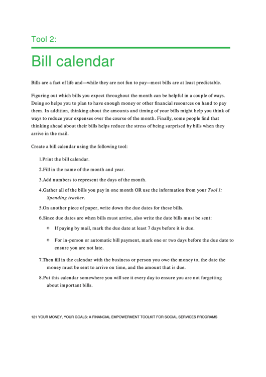 Bill Calendar Printable pdf