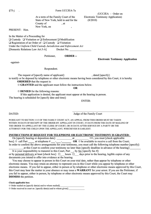 Form Uccjea-7a - Order - Electronic Testimony Application Printable pdf