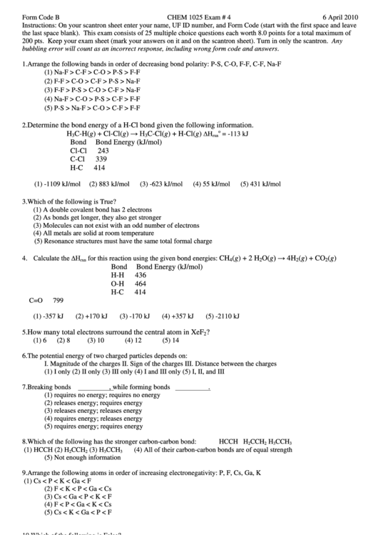 Chem 1025 Exam Multiple Choice Periodic Table Bonding And Enthalpy Printable pdf