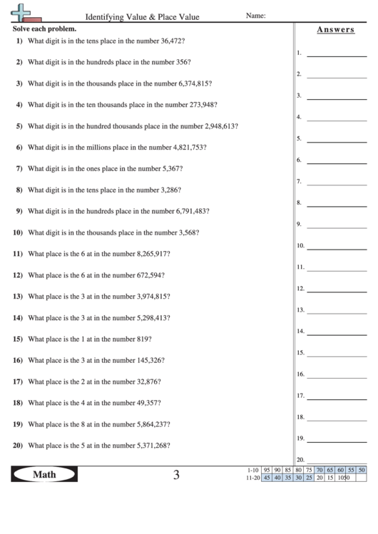 identifying value place value worksheet with answer key printable pdf