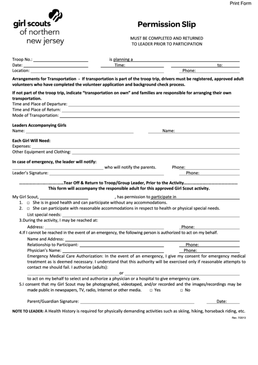 Fillable Girl Scout Permission Slip Printable pdf