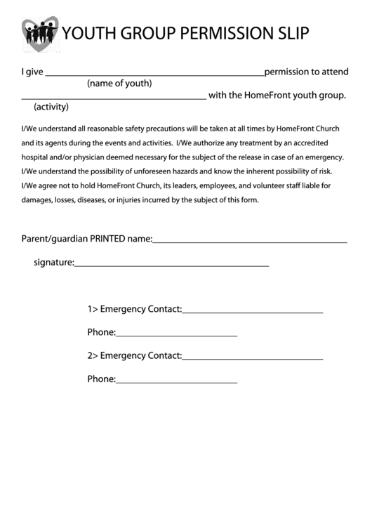 Youth Group Permission Slip printable pdf download