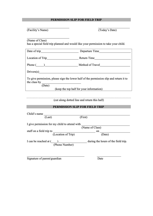 Permission Slip For Field Trip Form Printable pdf