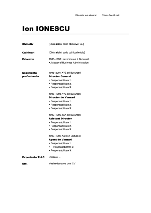 Sample Resume Template - Romania Printable pdf