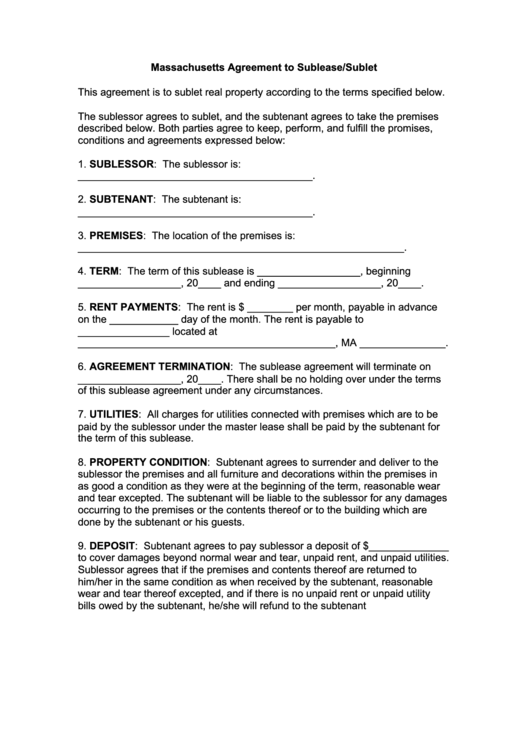Fillable Massachusetts Agreement To Sublease/sublet Form Printable pdf