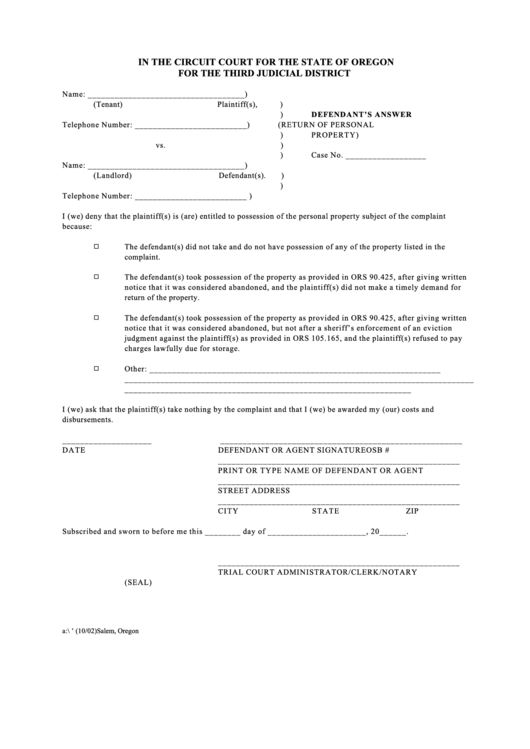 Defendants Answer Printable pdf