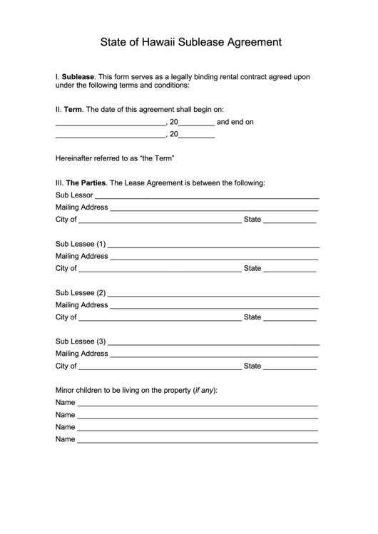 Fillable Hawaii Sublease Agreement Template Printable pdf