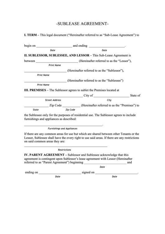 Fillable Sublease Agreement Template Printable pdf