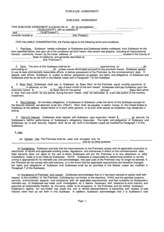Sublease Agreement Template Printable pdf