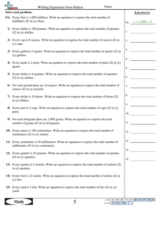 Writing Equations From Ratios Math Worksheet With Answer Key Printable pdf