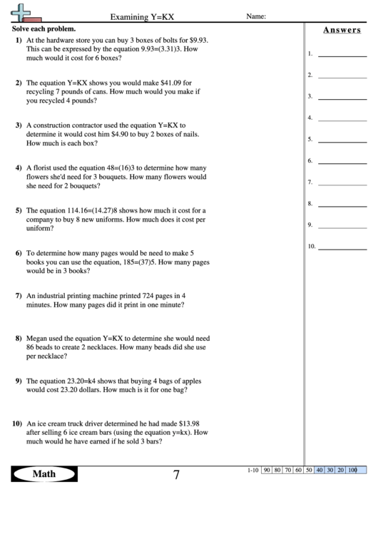 Examining Y=kx Worksheet With Answer Key Printable pdf