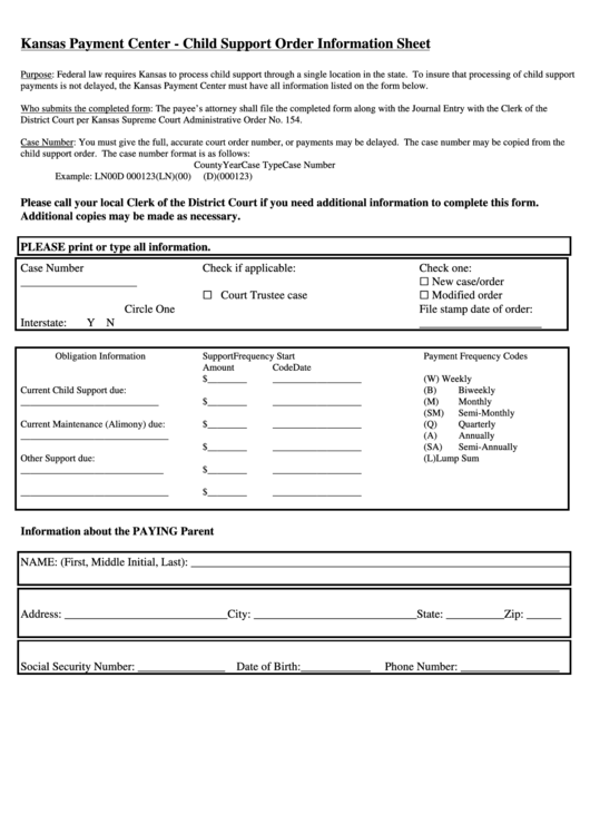 Kansas Payment Center - Child Support Order Information Sheet Printable pdf