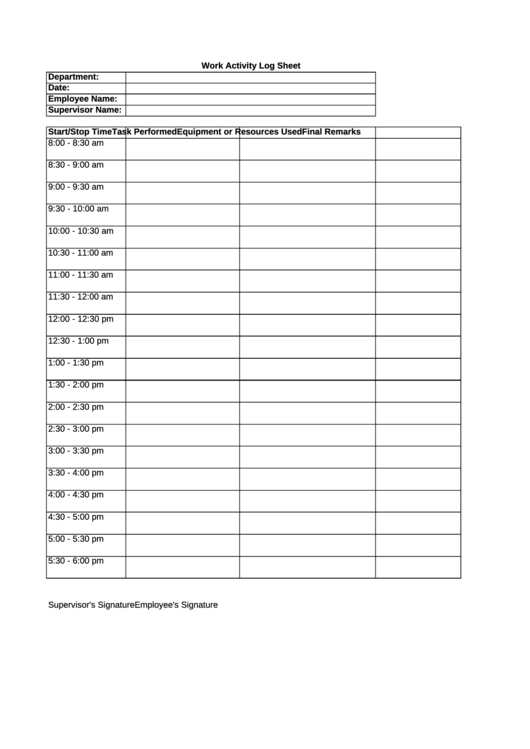 Work Activity Log Sheet printable pdf download