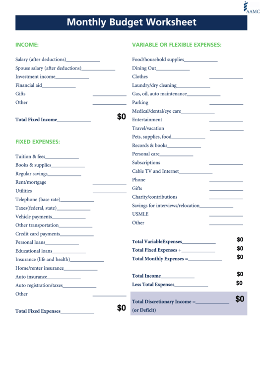 Fillable Monthly Budget Worksheet Template Printable pdf