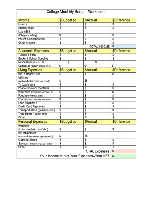 College Monthly Budget Worksheet Template printable pdf ...