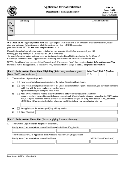 Fillable Uscis Form N-400 - Application For Naturalisation Printable pdf