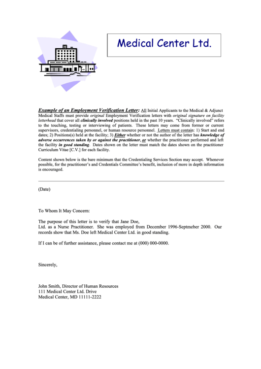 Example Of An Employment Verification Letter Printable pdf