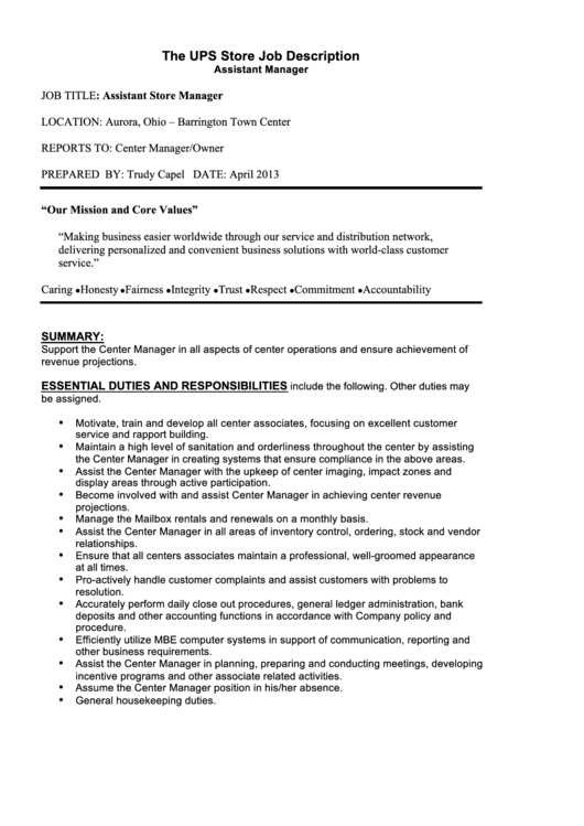 Assistant Store Manager Job Description Printable pdf