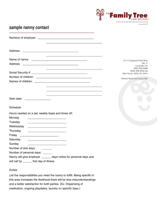 Sample Nanny Contact Printable pdf