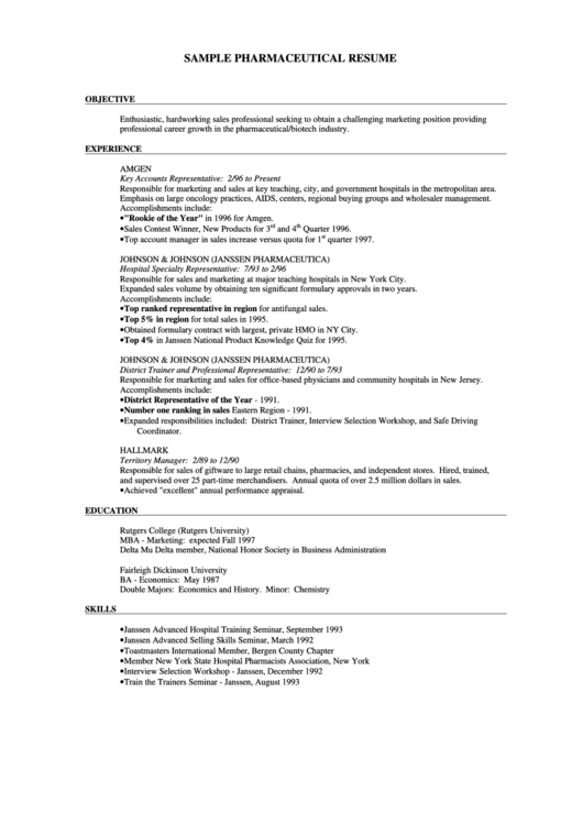 Sample Pharmaceutical Resume Template Printable pdf