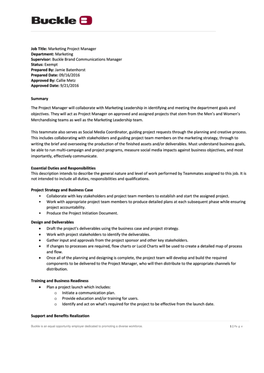 Marketing Project Manager - Sample Job Description Printable pdf