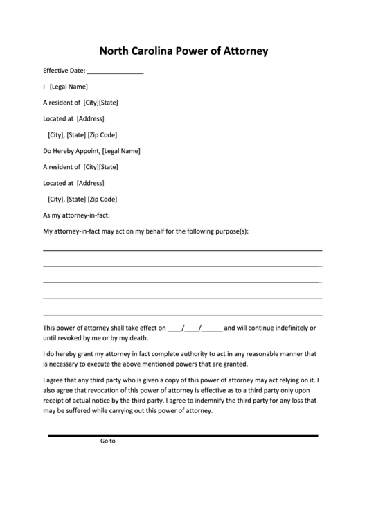 Power Of Attorney Form North Carolina printable pdf download