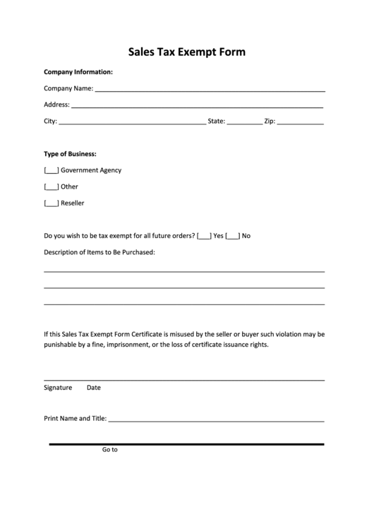 Sales Tax Exempt Form Printable pdf