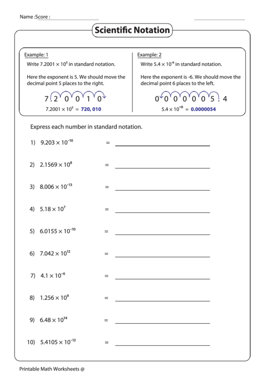 Expressing Numbers In Standard Notation Worksheet With Answer Key Printable pdf