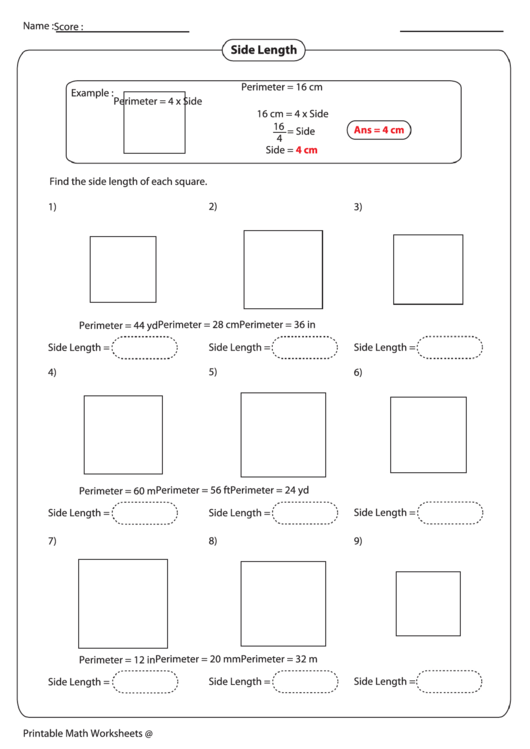 Side Length Worksheet Template With Answer Printable pdf