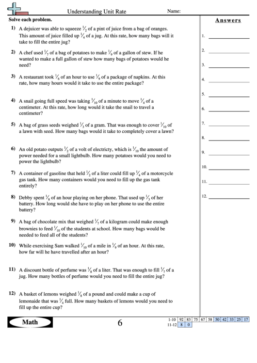 Understanding Unit Rate Worksheet With Answer Key